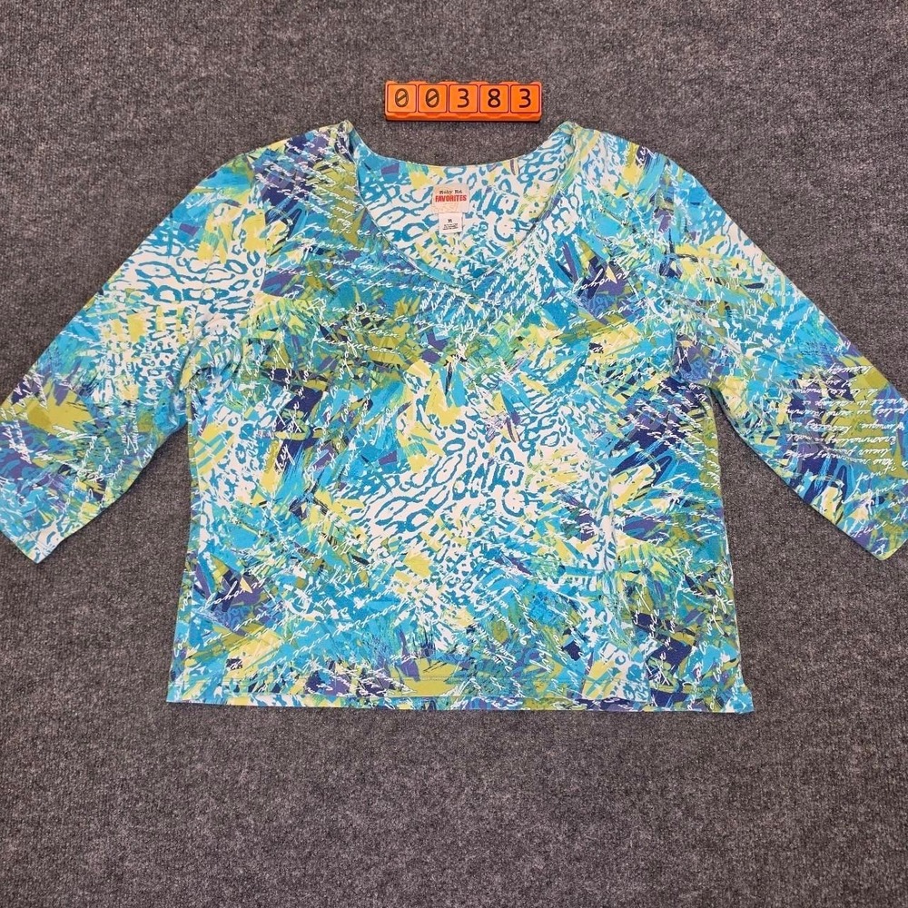 Ruby Rd. Favorites blue, yellow, and purple abstract splatter print top in XL